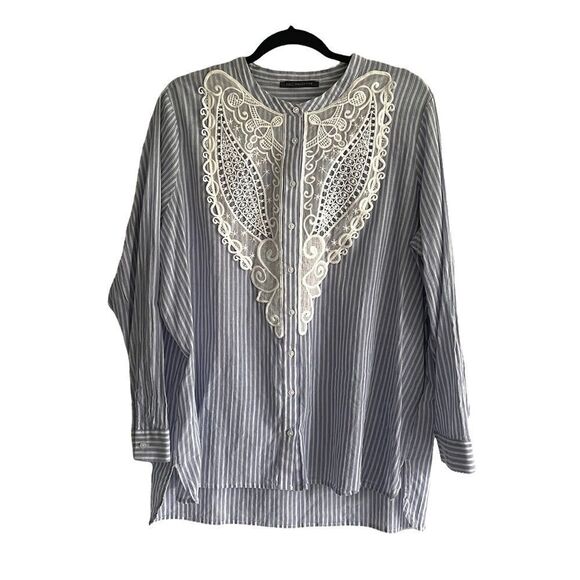 Marks & SPENCER Cotton Striped Button Front Shirt Blouse Lace Blue White XL - Picture 1 of 7